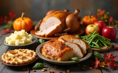 Selection of traditional thanksgiving food - turkey, mashed patatoes, green beans, apple pie on rustic background. High quality