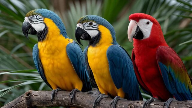 Three stunning macaws display their vibrant plumage while interacting with each other in a lush rainforest habitat filled with greenery