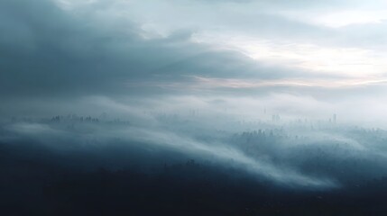 Obraz premium City skyline obscured by thick smog under dramatic atmospheric lighting