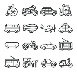 Linear transportation icons set featuring bicycle, motorcycle, car, train, bus, airship, airplane, and taxi