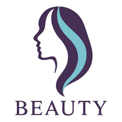 Elegant beauty logo featuring a woman's profile with flowing purple hair