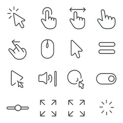 Linear navigation icon set featuring cursor, touch, swipe, scroll, click, menu, and expand symbols