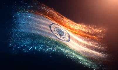 A vibrant Indian flag waving against a festive background with colorful lights and sparkles.