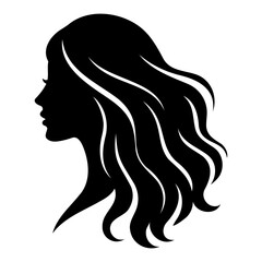 Silhouette of a woman with long wavy hair in black against a white background