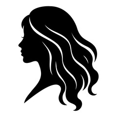 Silhouette of a woman with long wavy hair in profile facing the left side view