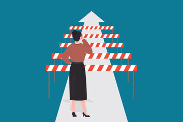 Businesswoman standing before many barriers. Prohibitions, restrictions for business. Inequality, women discrimination, sexism. Warning signs, ban on development,