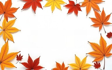 Autumn composition. Frame made of blank paper and leaves on white background. Fall concept. Autumn thanksgiving texture. Flat lay, top view, copy space. High quality