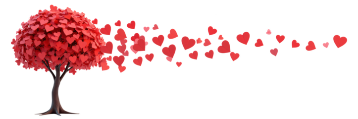 Vibrant tree with red heart shaped leaves, symbolizing love and affection, releases smaller hearts into air, creating romantic atmosphere