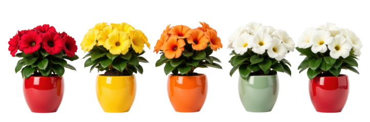 Vibrant flowers in colorful pots create cheerful display, showcasing red, yellow, orange, and white blooms. Perfect for home decor or gifting