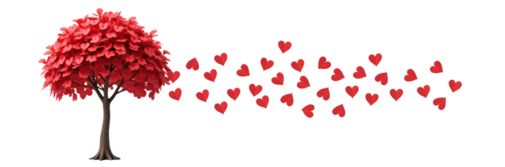 Vibrant red tree with heart shaped leaves stands prominently, surrounded by floating red hearts, creating romantic and whimsical atmosphere