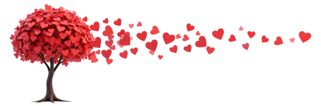 Vibrant tree with red heart shaped leaves, symbolizing love and affection, releases smaller hearts into air, creating romantic atmosphere