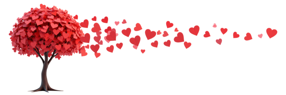 Vibrant tree with red heart shaped leaves, symbolizing love and affection, releases smaller hearts into air, creating romantic atmosphere - Powered by Adobe