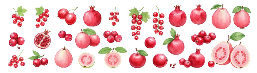 A vibrant collection of various red fruits including pomegranates and cherries on a dark background.