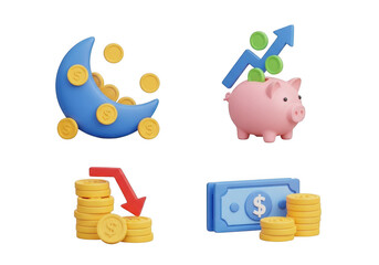 3d collection of financial icons piggy bank moon coins growth chart falling coins and money isolated on transparent background