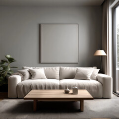 Modern living room with beige sofa, square frame, wooden coffee table, indoor plant, and soft natural light creates calm, inviting atmosphere