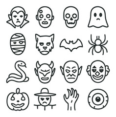Obraz premium Linear halloween icon set featuring vampire, zombie, skull, ghost, mummy, werewolf, bat, and spider symbols