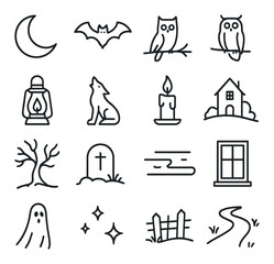 Silhouette halloween icon set featuring moon, bat, owl, lantern, wolf, candle, house, and ghost symbols
