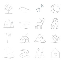 Linear nature icon set featuring tree, hill, leaves, moon, forest, deer, owl, icicle, cabin, mountain, snow, river