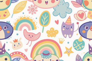 Adorable colorful cartoon pattern design featuring smiling characters and decorative elements for a cheerful aesthetic