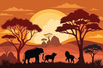African sunset scene with silhouetted animals including elephant lion and lioness in warm colors