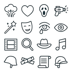 Linear entertainment icon set featuring movie, music, comedy, art, and book symbols