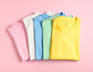 Multicolor T-Shirts Flatlay on Pastel Pink Background