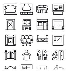 Linear theater icon set featuring curtain, stage, ticket, seats, and entrance symbols