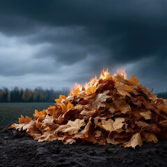 Bonfire of autumn leaves burning on dark soil under dramatic cloudy sky, evoking warmth and seasonal change