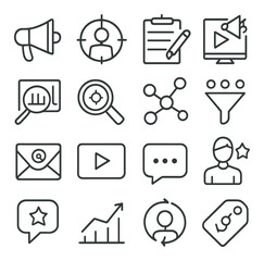 Linear business icon set featuring marketing, targeting, checklist, analytics, and communication symbols