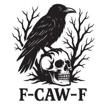Black Raven Perched Atop a Skull with Bare Branches and the Text F CAW F