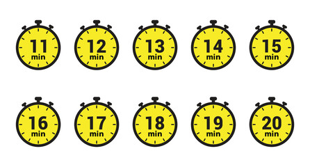 11, 12, 13, 14, 15, 16, 17, 18, 19 and 20 min clock icon vector number design illustration