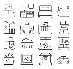 Linear home icon set featuring sofa, kitchen, bed, bathtub, tree, table, crib, and chair symbols