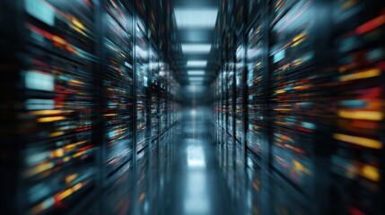 Futuristic data center corridor with illuminated server racks and reflective flooring in a high-tech environment