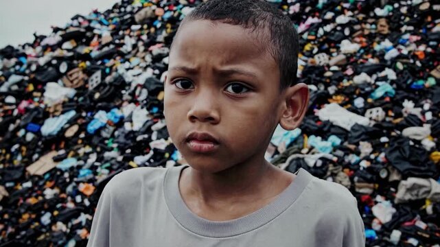 A young person surrounded by heaps of plastic waste symbolizes environmental crisis pollution danger and urgency