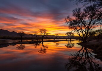 Obraz premium Vibrant sunset reflecting in a tranquil lake with silhouetted trees
