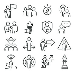 Fototapeta premium Linear leadership icons set featuring achievement, teamwork, vision, goal, communication, and direction symbols