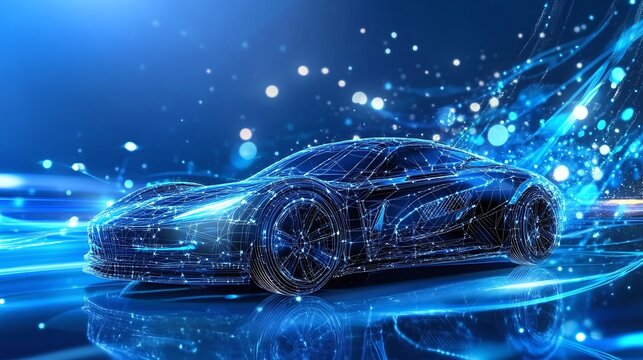 Futuristic vehicle design with digital lines.