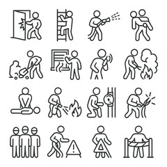 Fototapeta premium Linear emergency icon set featuring fire extinguisher, evacuation, first aid, and safety symbols