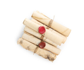 Old rolled paper scrolls isolated on white