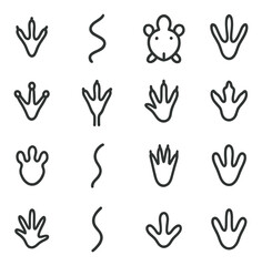 Linear animal tracks icon set featuring bird, mammal, amphibian, reptile, and insect footprints