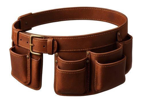 Brown leather belt with multiple pockets for tools or accessories.