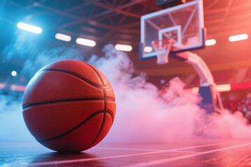 Obraz premium Glowing Basketball with Color Smoke Effect, Sport Action, Isolated Ball on Fiery Background, Hoop and Court Concept, Dynamic Motion, Dribbling, Team Competition, Athletic Energy