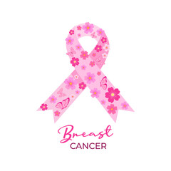 Vector illustration of pink breast cancer awareness ribbon decorated with flowers and butterflies, symbolizing hope, prevention, support, care and global health during October awareness month.