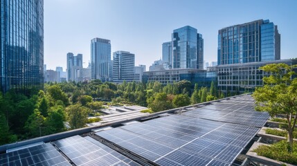 Fototapeta premium Sustainable energy concept. Urban skyline with solar panels and greenery in the foreground.