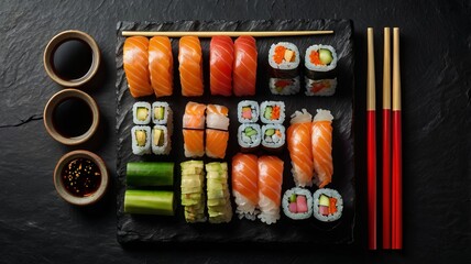 Sushi Flat Lay with Soy Sauce and Chopsticks on Red and Black Background