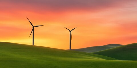 Fototapeta premium Sustainable energy concept. Wind turbines against a vibrant sunset on rolling green hills.