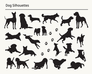 Silhouettes of dogs in various poses