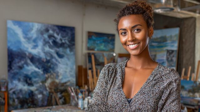 Smiling African American woman artist stands confidently in her studio, surrounded by vibrant paintings and art supplies, showcasing her creative passion and artistic environment