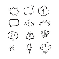 A collection of hand-drawn speech bubbles and comic-style graphic elements, including exclamation points, question marks, and bursts, representing communication and expression.