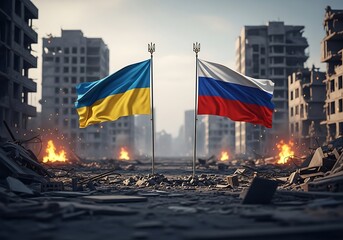 Ukrainian and russian flags stand tall amidst war torn city ruins